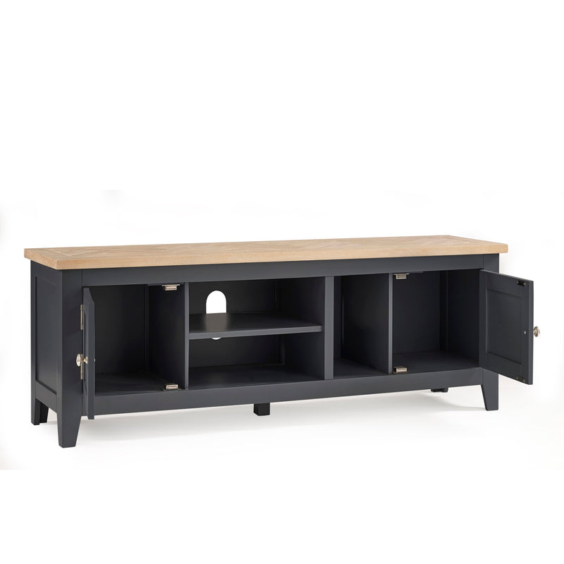 Black TV stand with wooden top on a white background