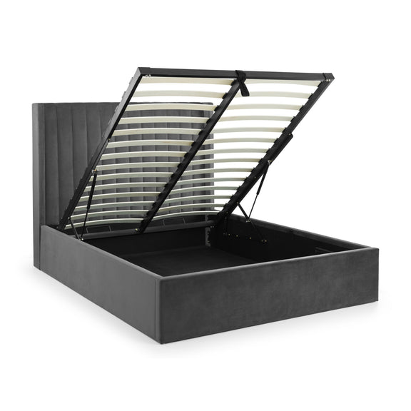 Black bed frame with storage compartment on a white background