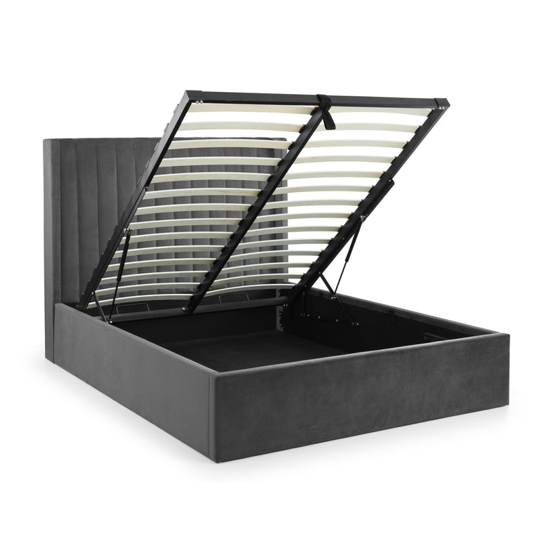 Black bed frame with storage compartment on a white background