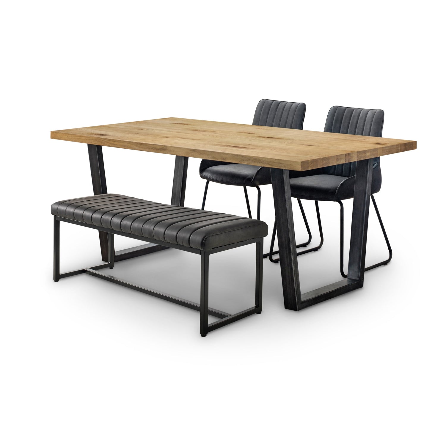 Dining set with wooden table, black chairs, and bench on a white background