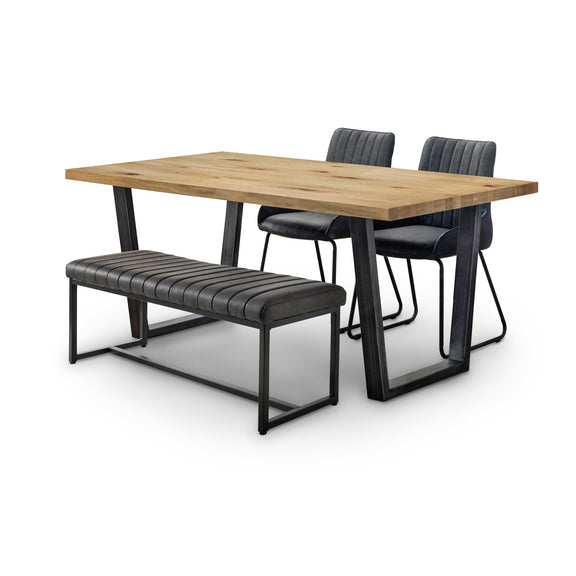 Dining set with wooden table, black chairs, and bench on a white background