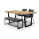 Dining set with wooden table, black chairs, and bench on a white background