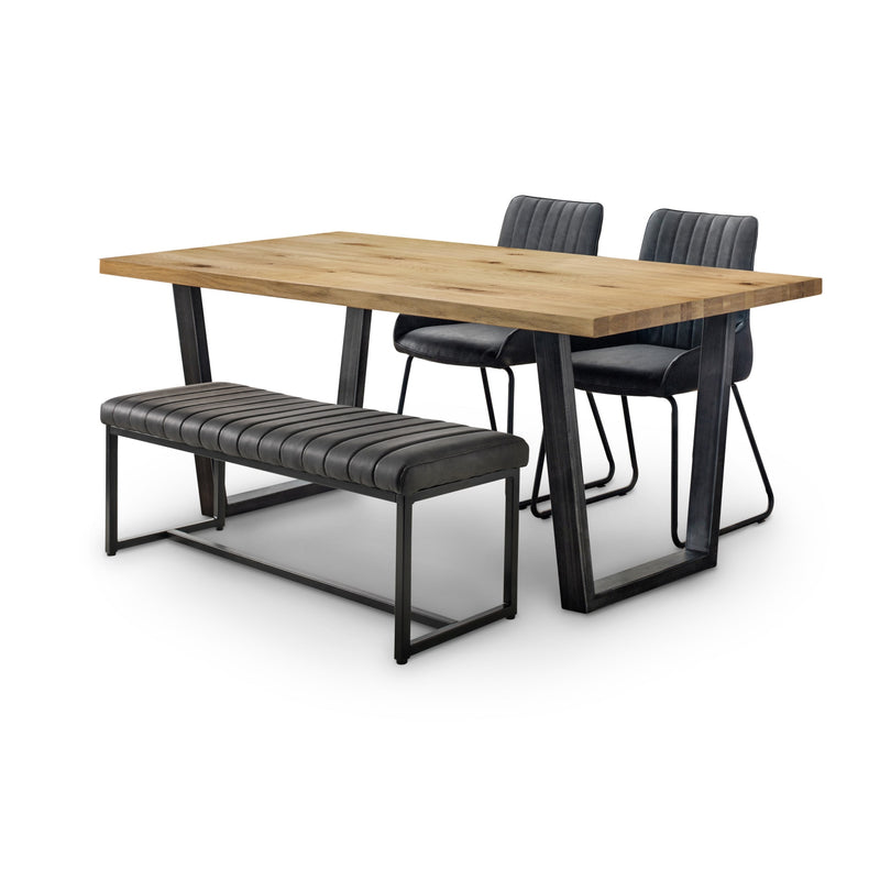 Dining set with wooden table, black chairs, and bench on a white background