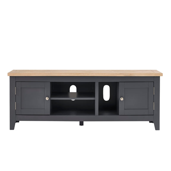 TV stand with black base and wooden top on a white background