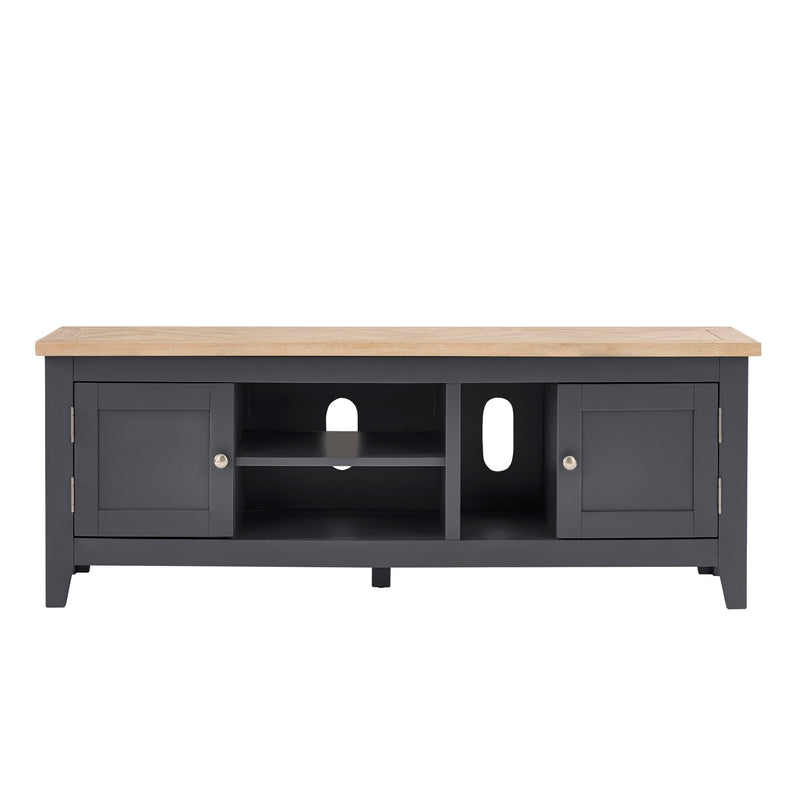 TV stand with black base and wooden top on a white background