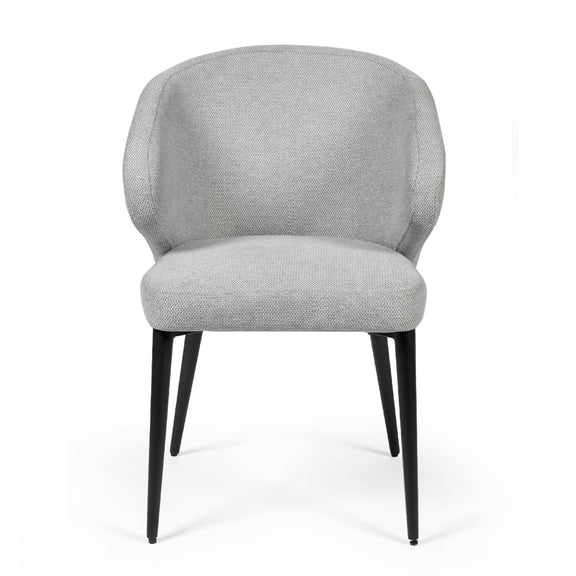 Gray upholstered chair with black legs on a white background