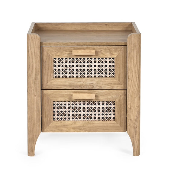 Oak effect two drawer bedside table with woven rattan drawer fronts