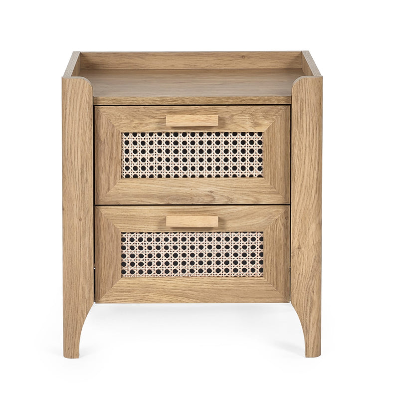 Oak effect two drawer bedside table with woven rattan drawer fronts