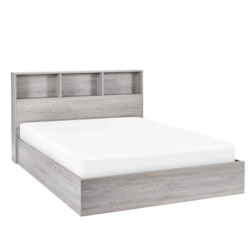 Wooden bed frame with storage compartments on a white background