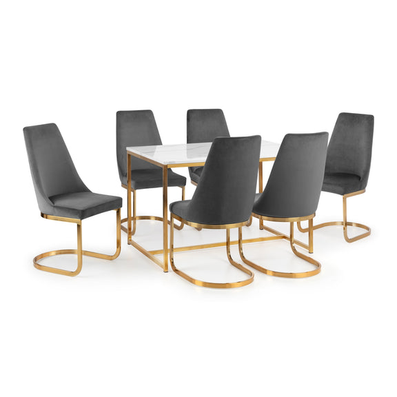Dining set with six gray chairs and a square table on a white background