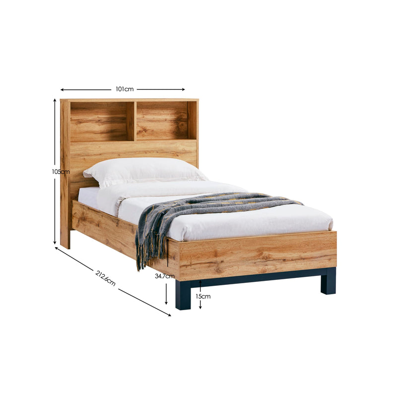 Wooden bed with dimensions labeled on a white background