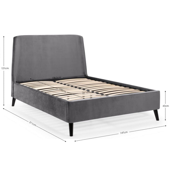 Gray upholstered bed with dimensions on a white background