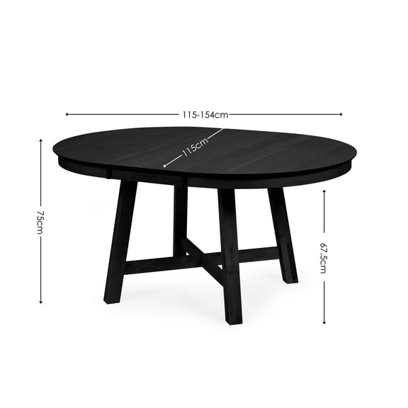 Black round table with dimensions indicated on a white background