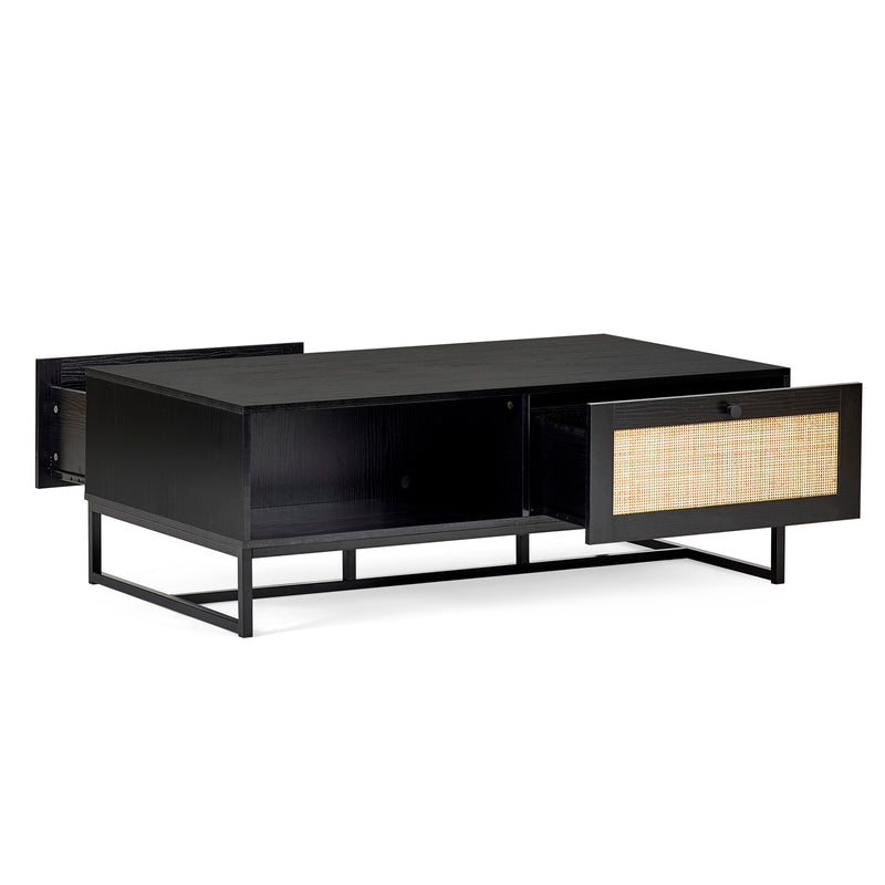 Black entertainment console with woven drawer on a white background