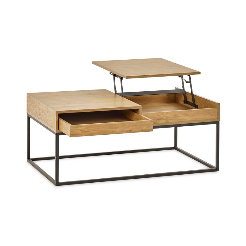 Wooden coffee table with lift-top feature on a white background
