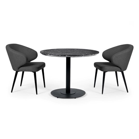 Black round table with two modern chairs on a white background