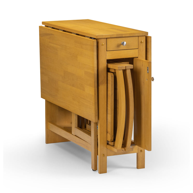 Wooden fold-out table with a drawer on a white background