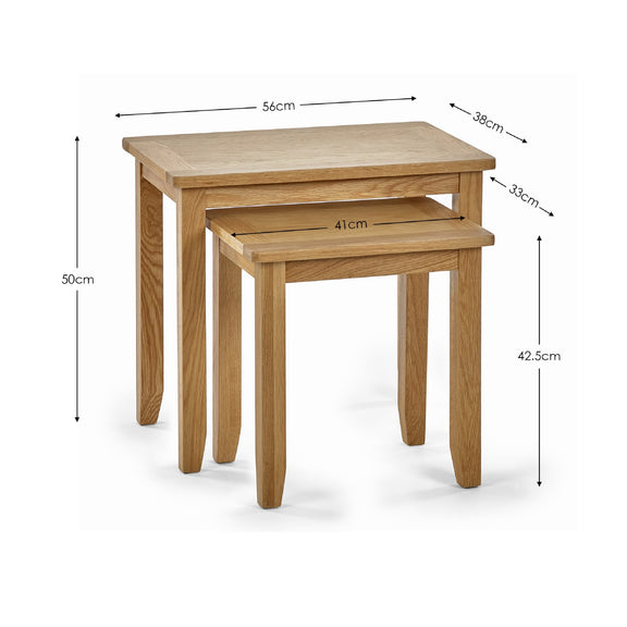 Two wooden nesting tables with dimensions labeled on a white background
