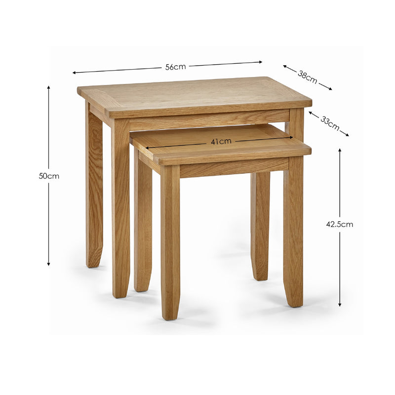 Two wooden nesting tables with dimensions labeled on a white background