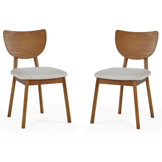 Two wooden chairs with white cushioned seats on a white background
