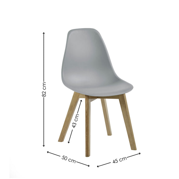 Gray chair with wooden legs and dimensions labeled on a white background