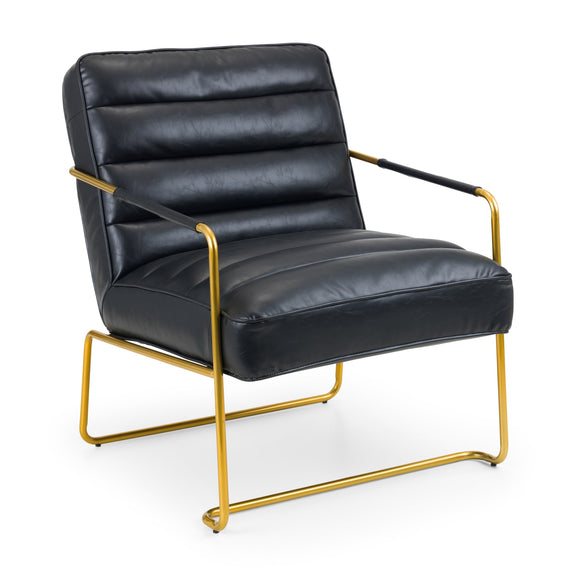 Black leather armchair with gold metal frame on a white background
