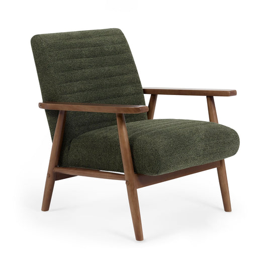 Green upholstered armchair with wooden frame on a white background