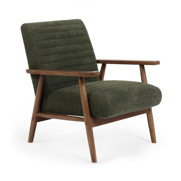 Green upholstered armchair with wooden frame on a white background