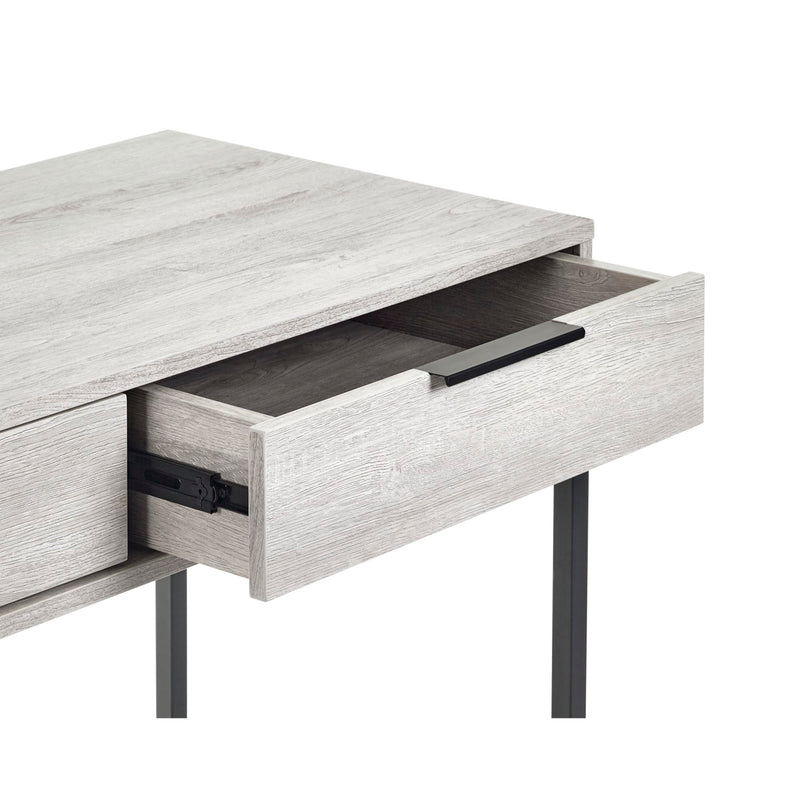 Light gray wooden desk with a drawer open on a white background