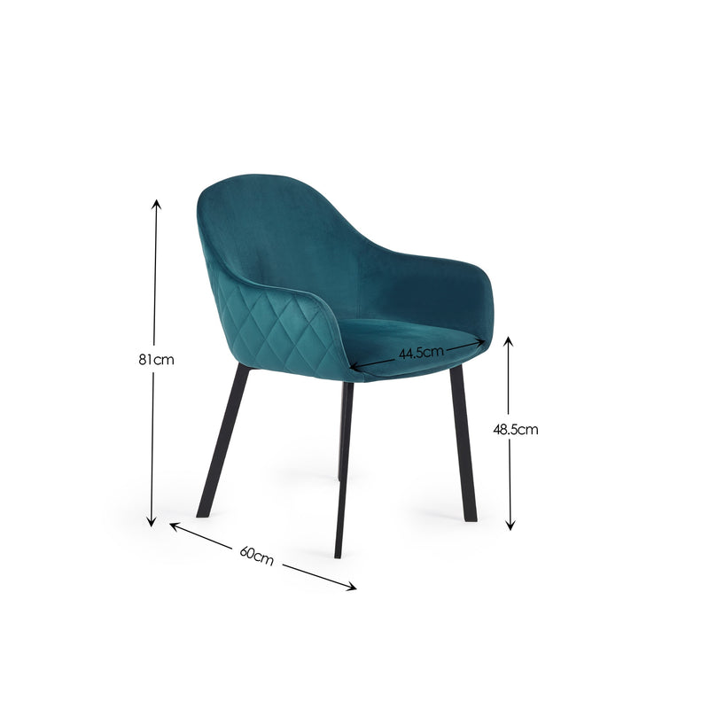 Teal chair with dimensions labeled on a white background