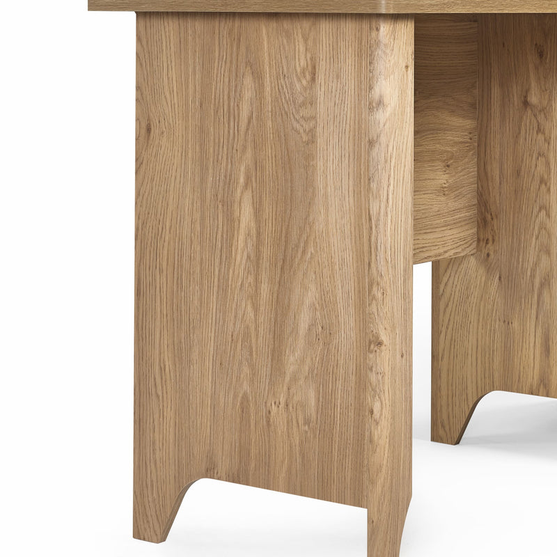 Wooden desk with a light brown finish on a white background