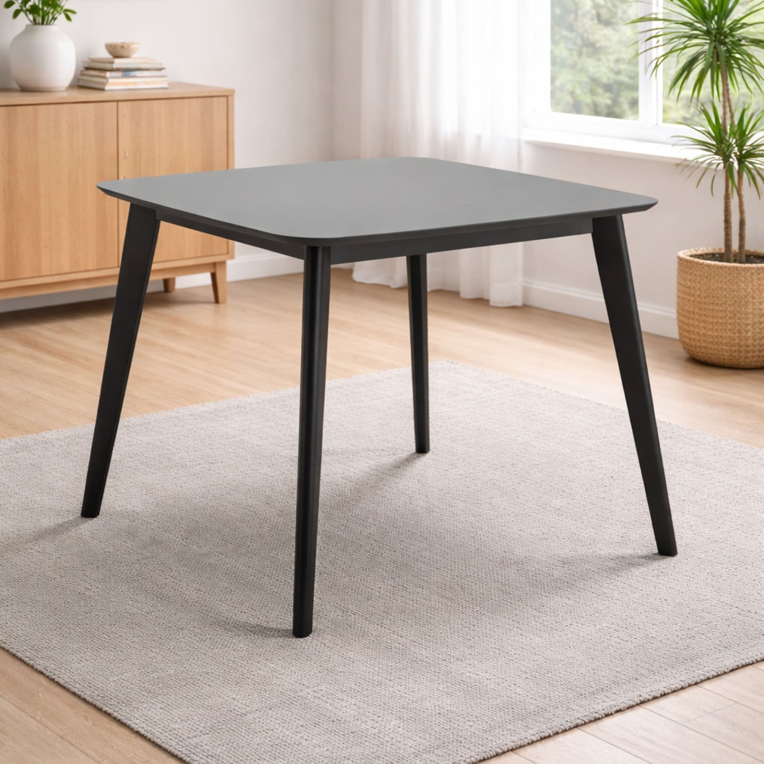 Black dining table in a room with a rug, cabinet, and plants