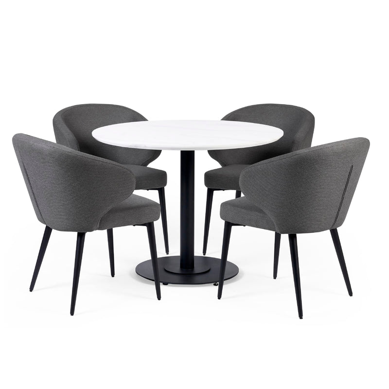 Round white table with four gray chairs on a white background