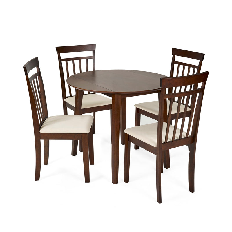 Dining table set with four chairs on a white background