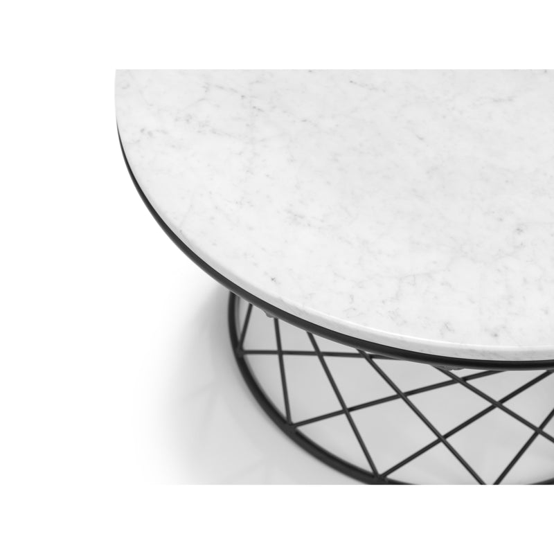 Round marble table with a black metal base on a white background