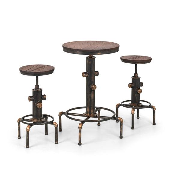 Steampunk-style table and stools on a white background