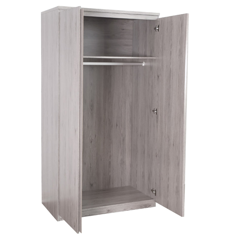 Wooden wardrobe with open doors on a white background