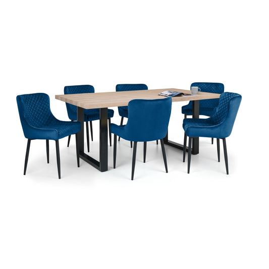 Dining table with six blue chairs on a white background