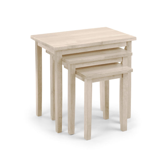 Set of three light wood nesting tables on a white background