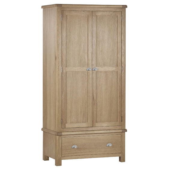 Wooden wardrobe with two doors and a drawer on a white background