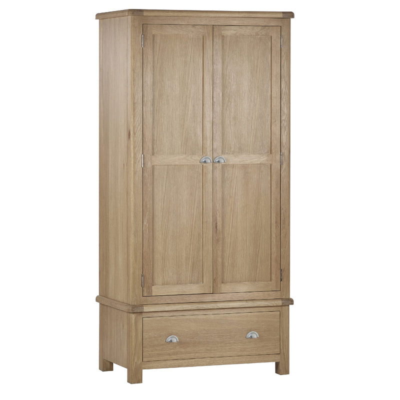 Wooden wardrobe with two doors and a drawer on a white background