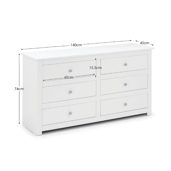White dresser with dimensions labeled on a white background