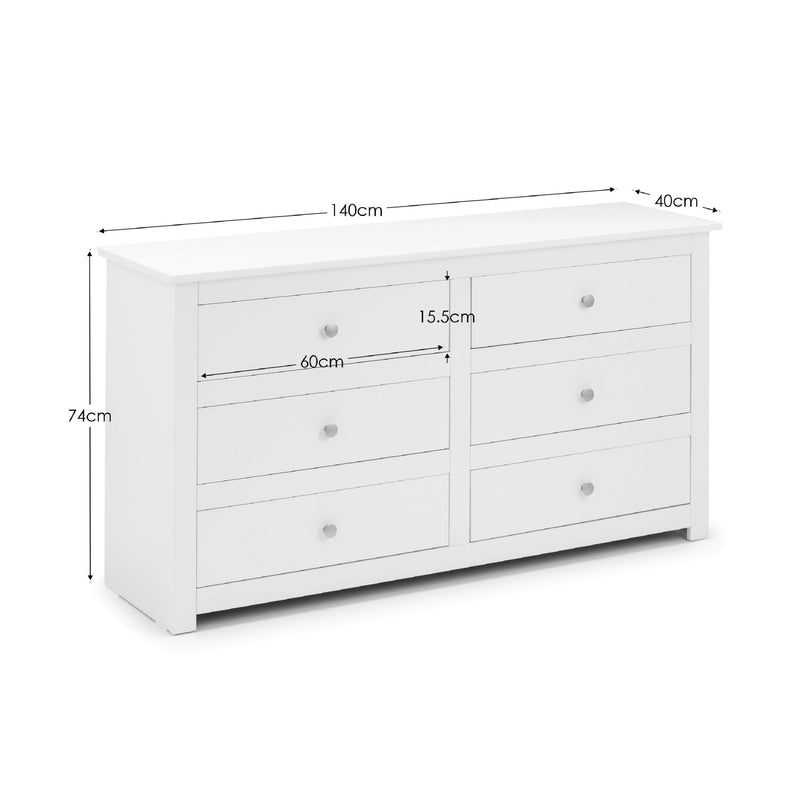 White dresser with dimensions labeled on a white background