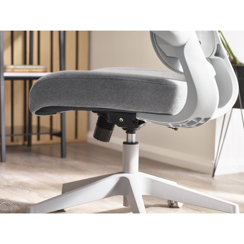 Close-up of a white office chair with gray cushioned seat in an indoor setting.