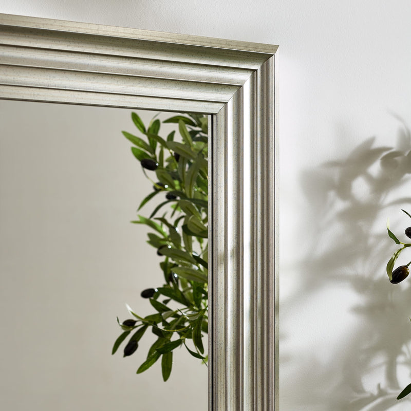 Silver-framed mirror with a reflection of green leaves on a white wall.