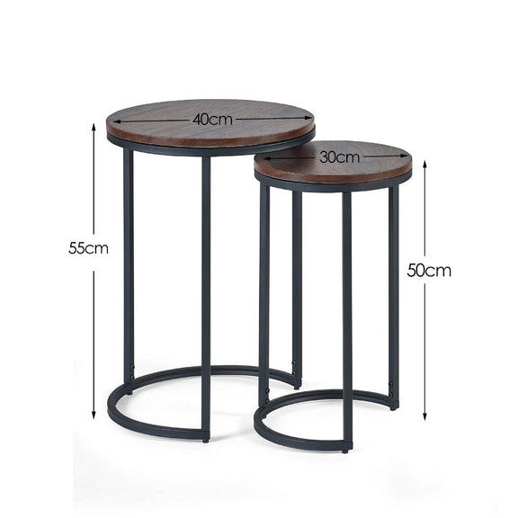 Two round side tables with dimensions labeled on a white background
