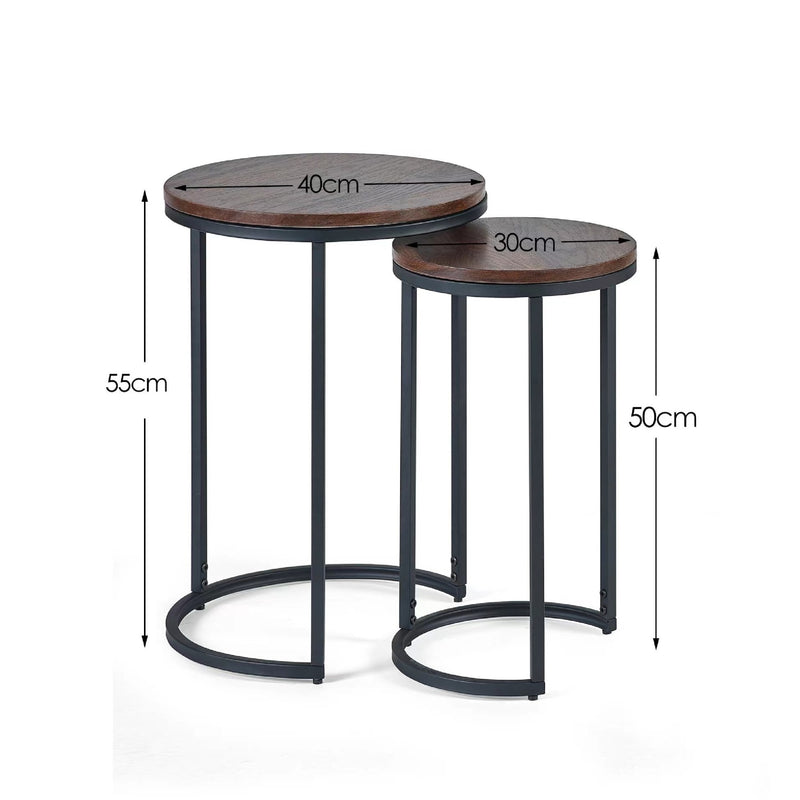 Two round side tables with dimensions labeled on a white background