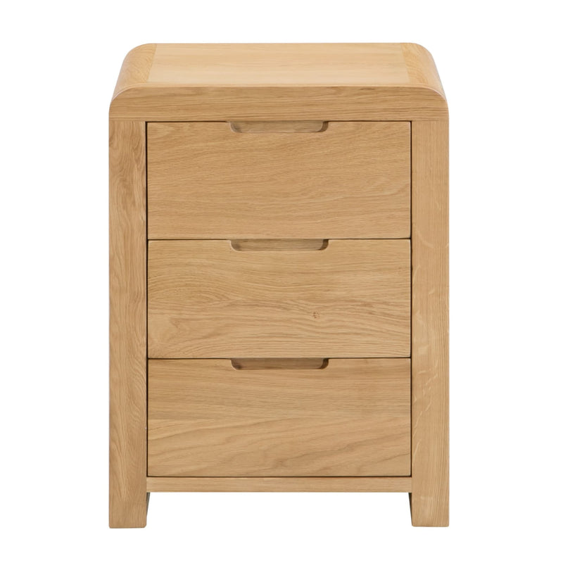 Wooden nightstand with three drawers on a white background