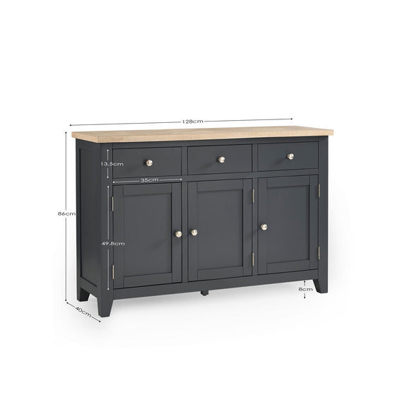 Dark gray sideboard with dimensions labeled on a white background