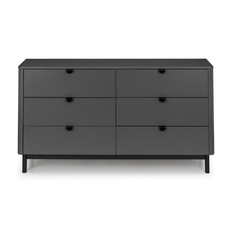 Black dresser with six drawers on a white background